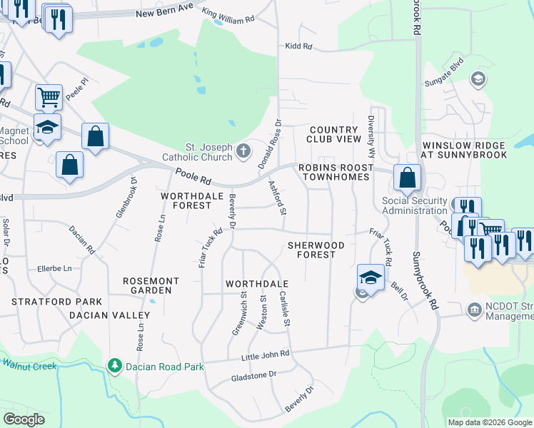 map of restaurants, bars, coffee shops, grocery stores, and more near 2826 Croydon Street in Raleigh