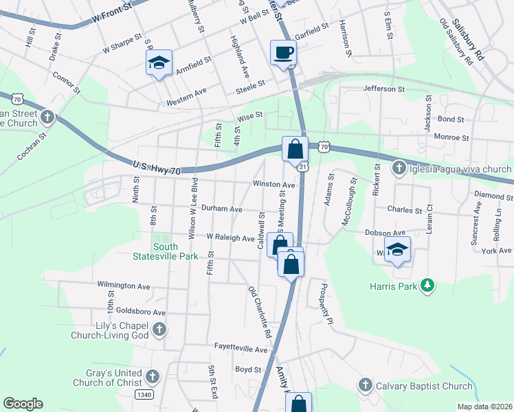 map of restaurants, bars, coffee shops, grocery stores, and more near 1021 Old Charlotte Road in Statesville
