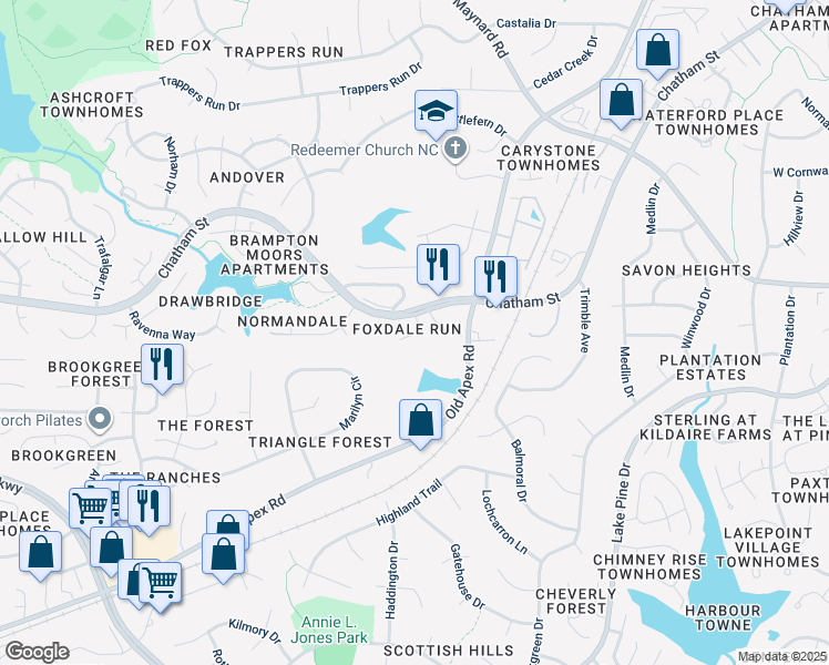 map of restaurants, bars, coffee shops, grocery stores, and more near 100 Hunting Chase in Cary