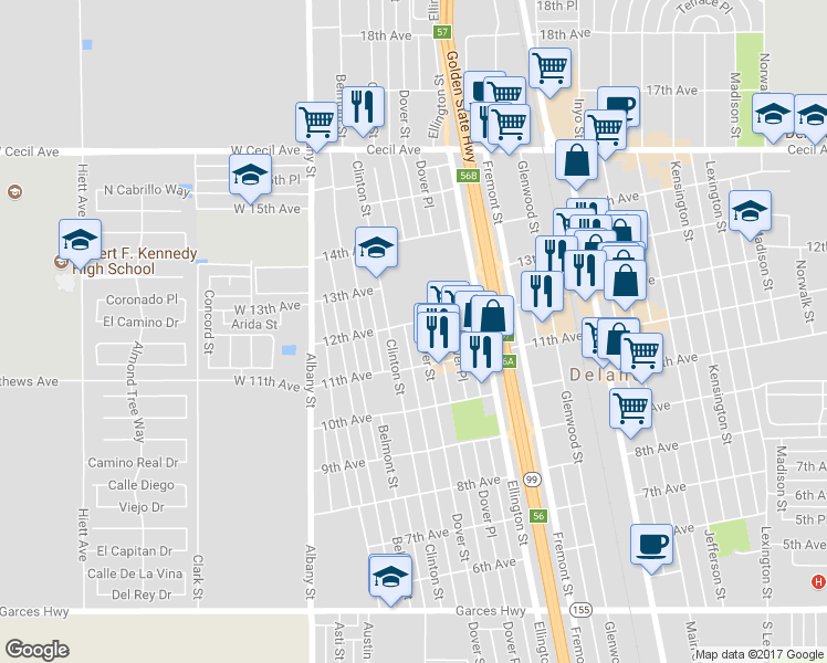 map of restaurants, bars, coffee shops, grocery stores, and more near 1129 Dover Street in Delano
