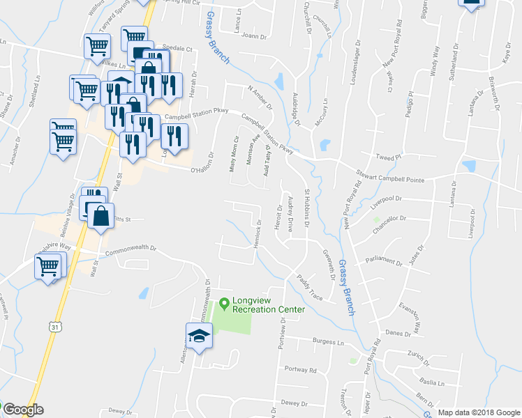 map of restaurants, bars, coffee shops, grocery stores, and more near 2093 Hemlock Drive in Spring Hill