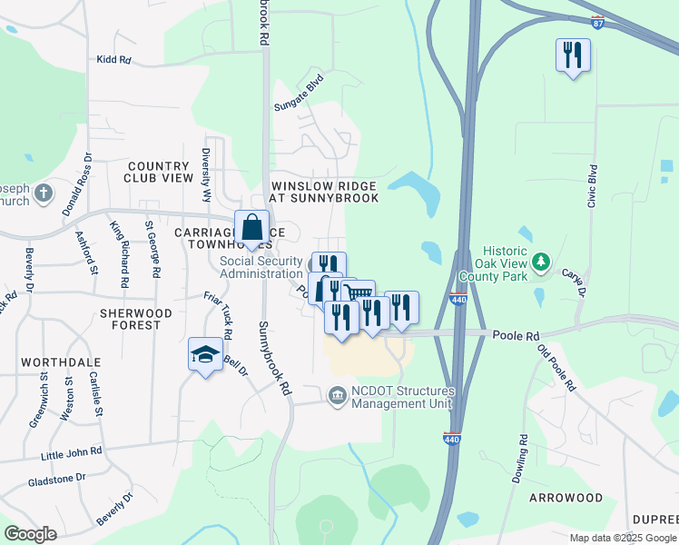 map of restaurants, bars, coffee shops, grocery stores, and more near 3315 Poole Road in Raleigh