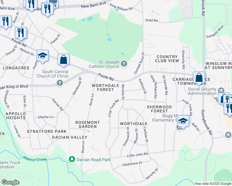 map of restaurants, bars, coffee shops, grocery stores, and more near 2752 Community Drive in Raleigh