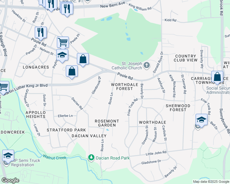 map of restaurants, bars, coffee shops, grocery stores, and more near 425 Rose Lane in Raleigh