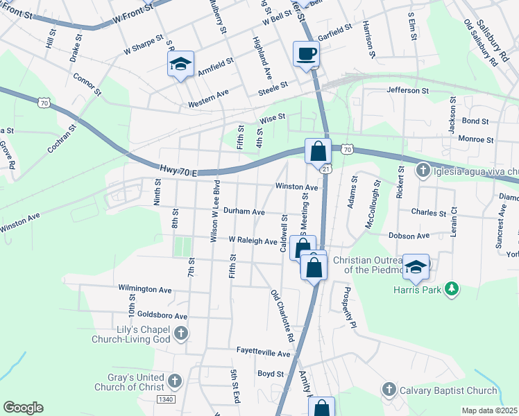 map of restaurants, bars, coffee shops, grocery stores, and more near 1020 4th Street in Statesville