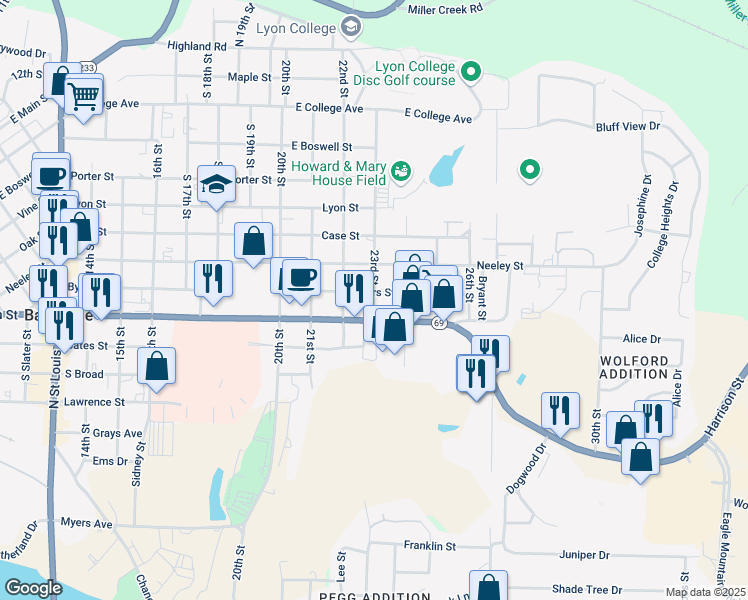 map of restaurants, bars, coffee shops, grocery stores, and more near 2285 Byers Street in Batesville