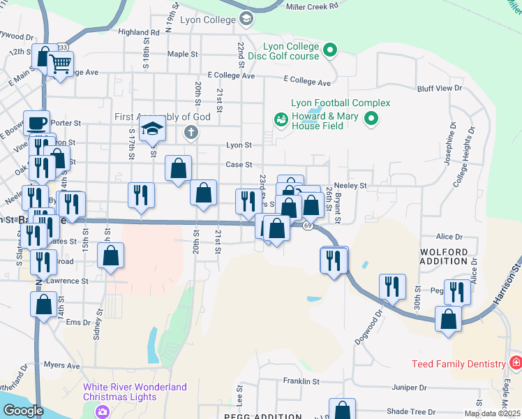 map of restaurants, bars, coffee shops, grocery stores, and more near 2285 Byers Street in Batesville