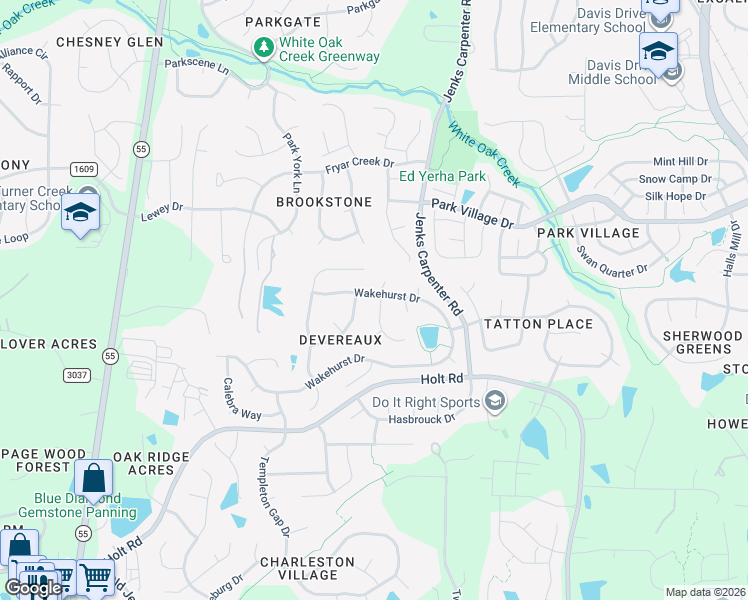 map of restaurants, bars, coffee shops, grocery stores, and more near 301 Wakehurst Drive in Cary