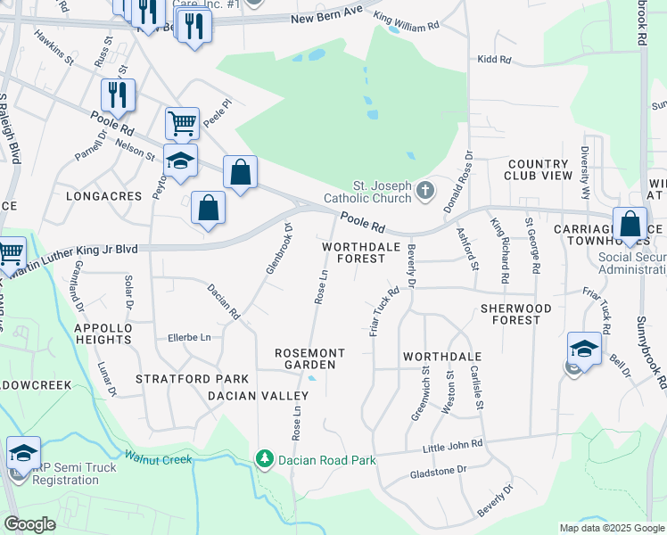 map of restaurants, bars, coffee shops, grocery stores, and more near 425 Rose Lane in Raleigh