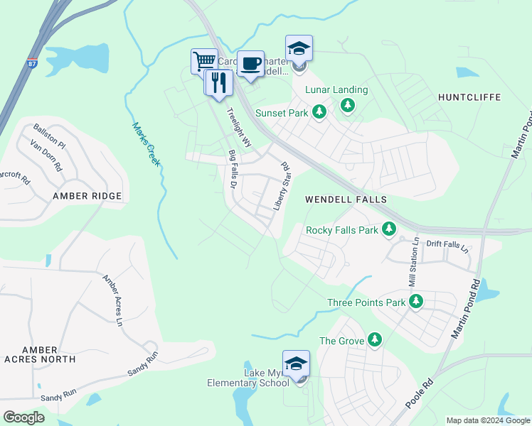 map of restaurants, bars, coffee shops, grocery stores, and more near 1908 Split Rail Place in Wendell