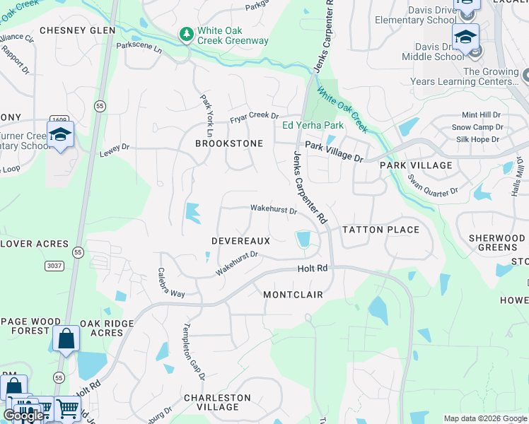 map of restaurants, bars, coffee shops, grocery stores, and more near 301 Wakehurst Drive in Cary