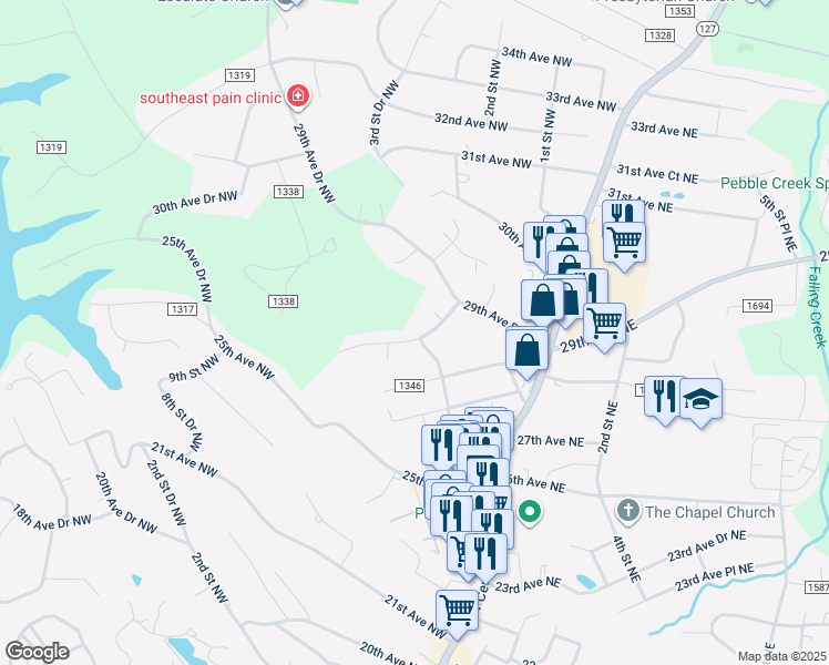 map of restaurants, bars, coffee shops, grocery stores, and more near 100 28th Avenue Northwest in Hickory