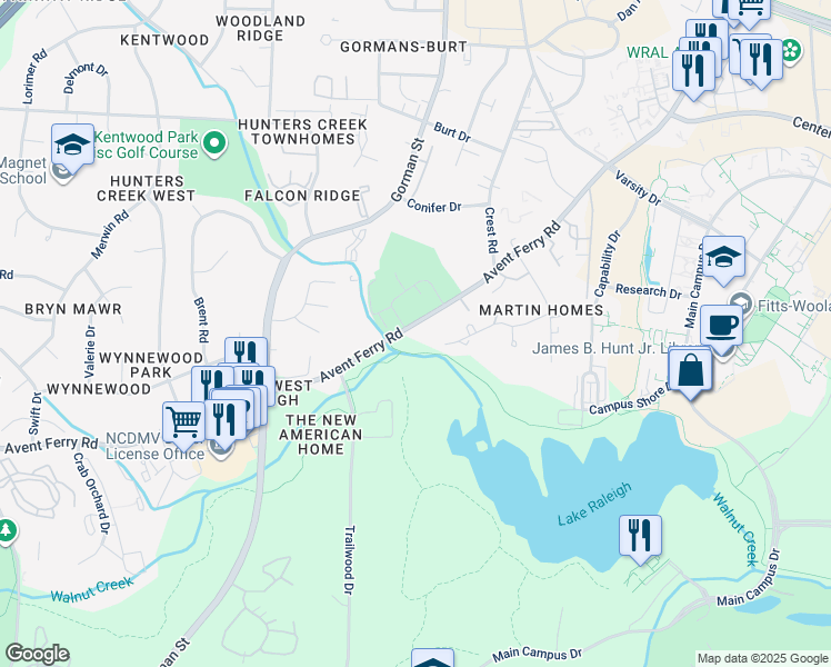 map of restaurants, bars, coffee shops, grocery stores, and more near 2809 Avent Ferry Road in Raleigh