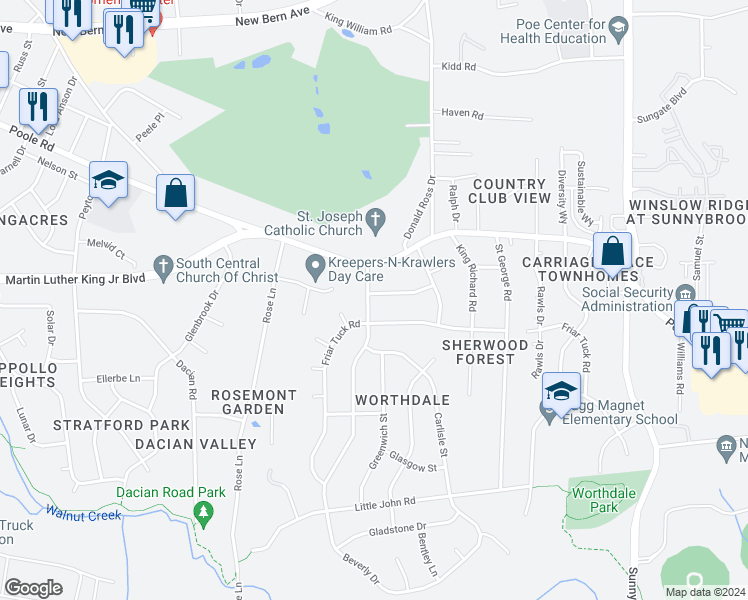 map of restaurants, bars, coffee shops, grocery stores, and more near 601 Beverly Drive in Raleigh