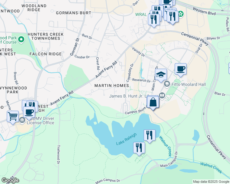 map of restaurants, bars, coffee shops, grocery stores, and more near 717 Chappell Drive in Raleigh