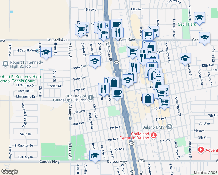 map of restaurants, bars, coffee shops, grocery stores, and more near 1128 Dover Place in Delano
