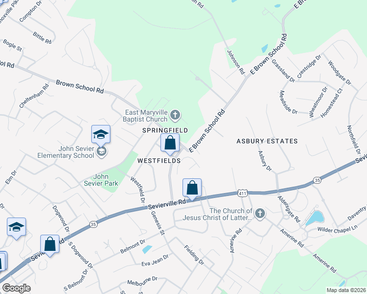 map of restaurants, bars, coffee shops, grocery stores, and more near 1338 East Brown School Road in Maryville