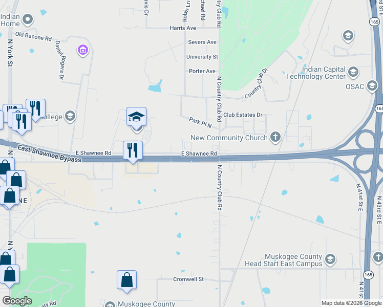 map of restaurants, bars, coffee shops, grocery stores, and more near 3306 East Shawnee Road in Muskogee