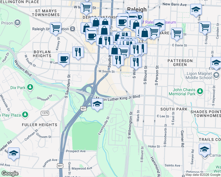 map of restaurants, bars, coffee shops, grocery stores, and more near 121 Kindley Street in Raleigh