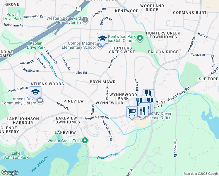 map of restaurants, bars, coffee shops, grocery stores, and more near 813 Valerie Drive in Raleigh