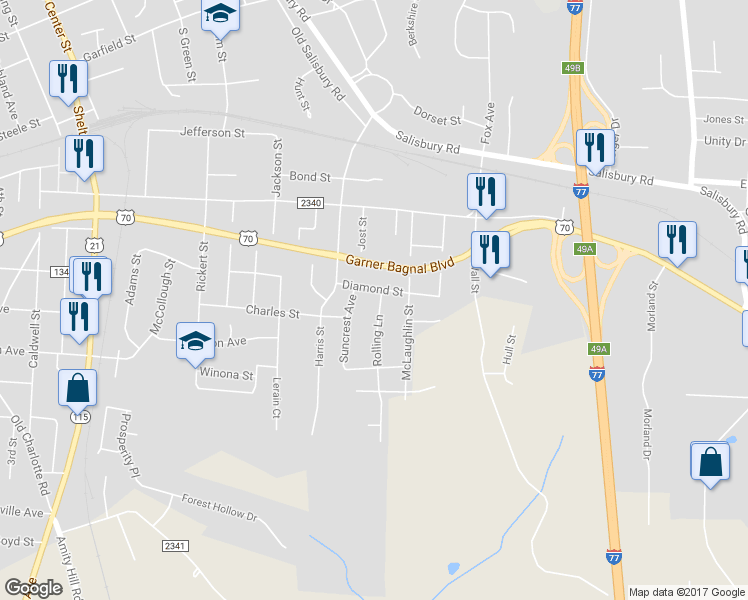 map of restaurants, bars, coffee shops, grocery stores, and more near 1110 Rolling Lane in Statesville
