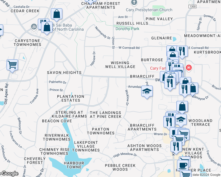 map of restaurants, bars, coffee shops, grocery stores, and more near 131 Lake Pine Drive in Cary