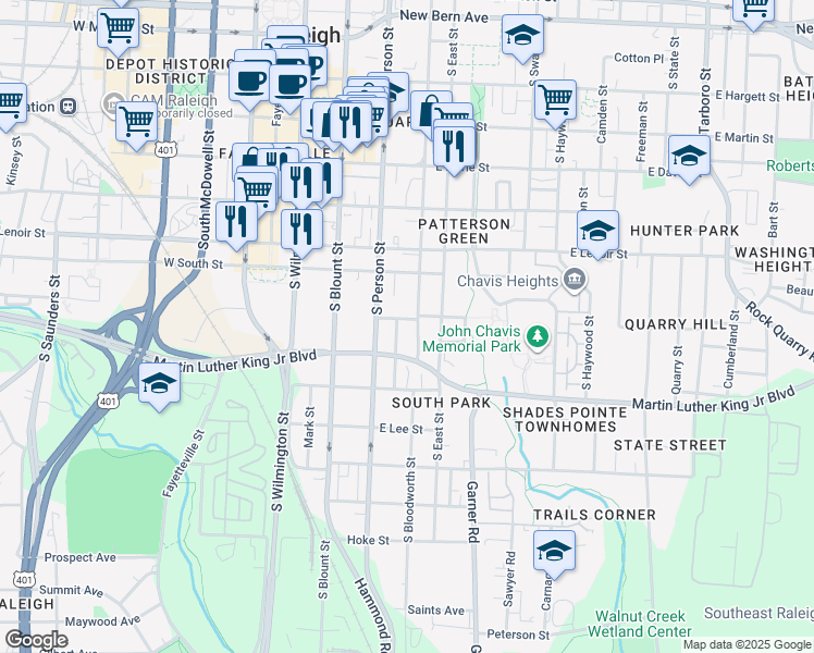 map of restaurants, bars, coffee shops, grocery stores, and more near 324 Worth Street in Raleigh