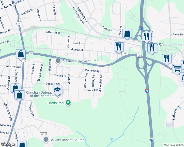 map of restaurants, bars, coffee shops, grocery stores, and more near 1110 Rolling Lane in Statesville