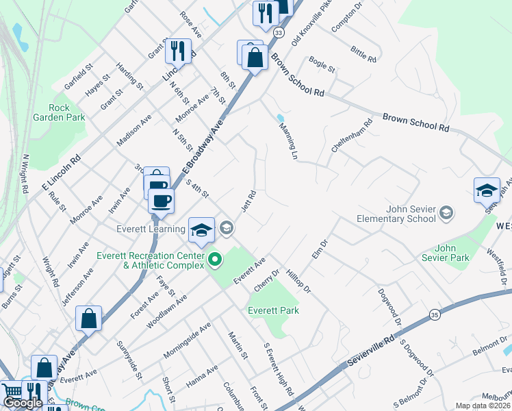 map of restaurants, bars, coffee shops, grocery stores, and more near 1608 Jett Road in Maryville