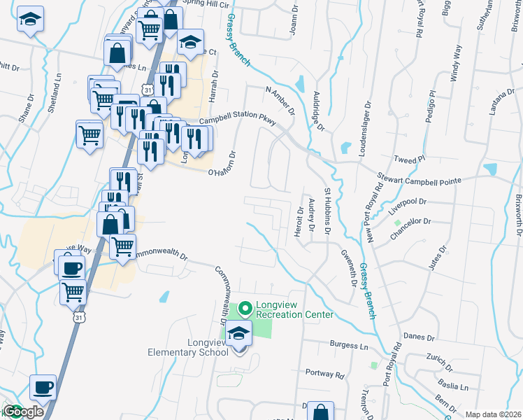 map of restaurants, bars, coffee shops, grocery stores, and more near 2093 Hemlock Drive in Spring Hill