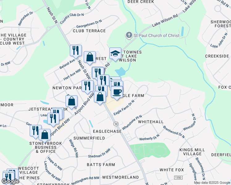 map of restaurants, bars, coffee shops, grocery stores, and more near 3711 Peppermill Drive in Wilson