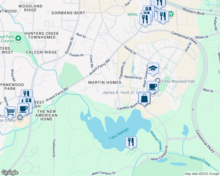 map of restaurants, bars, coffee shops, grocery stores, and more near 703 Chappell Drive in Raleigh