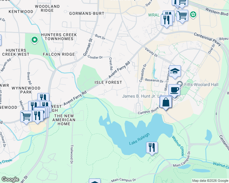 map of restaurants, bars, coffee shops, grocery stores, and more near 2714 Broadwell Drive in Raleigh