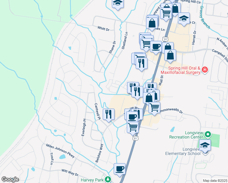 map of restaurants, bars, coffee shops, grocery stores, and more near 5021 Main Street in Spring Hill