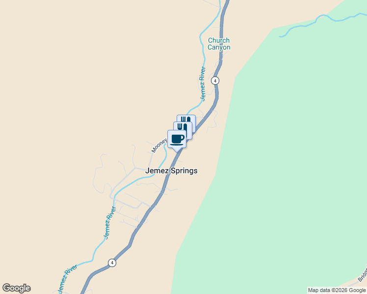 map of restaurants, bars, coffee shops, grocery stores, and more near Highway 4 in Jemez Springs