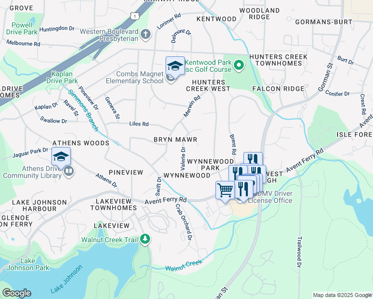 map of restaurants, bars, coffee shops, grocery stores, and more near 813 Valerie Drive in Raleigh