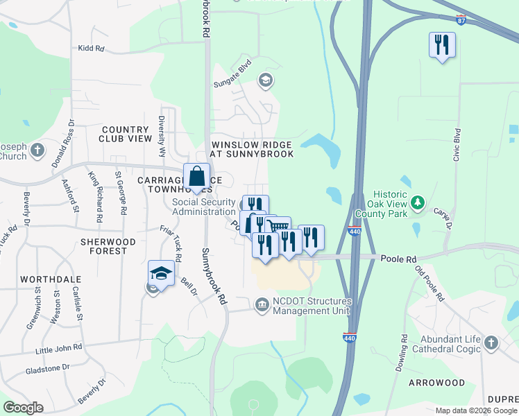 map of restaurants, bars, coffee shops, grocery stores, and more near 3315 Poole Road in Raleigh