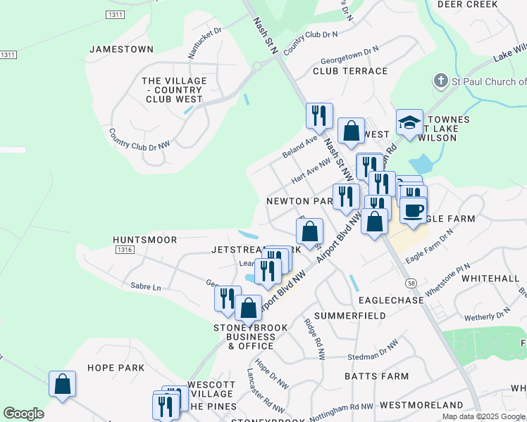 map of restaurants, bars, coffee shops, grocery stores, and more near 3905 Hart Avenue Northwest in Wilson
