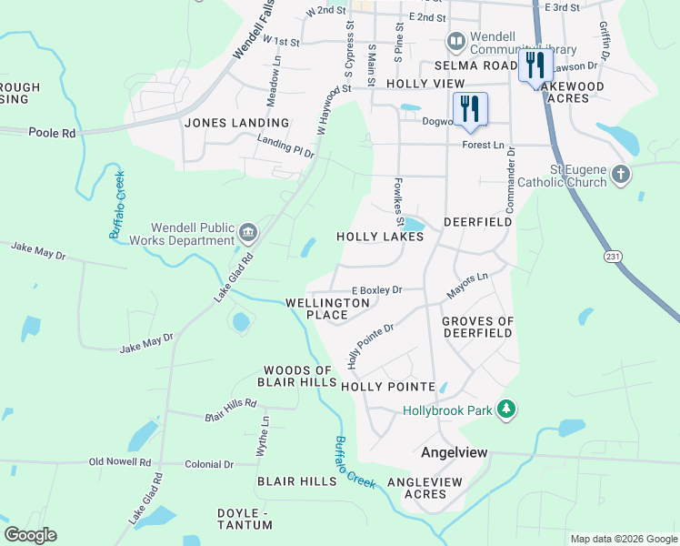 map of restaurants, bars, coffee shops, grocery stores, and more near 443 Fowlkes Street in Wendell