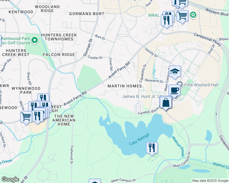 map of restaurants, bars, coffee shops, grocery stores, and more near 2714 Broadwell Drive in Raleigh