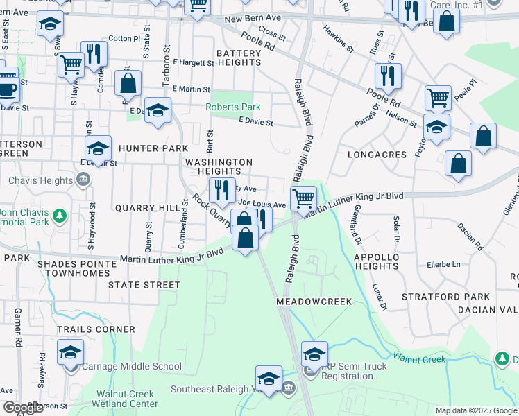 map of restaurants, bars, coffee shops, grocery stores, and more near 1516 1/2 Joe Louis Avenue in Raleigh