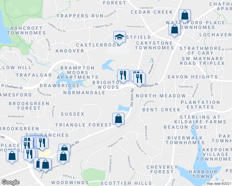 map of restaurants, bars, coffee shops, grocery stores, and more near 100 Hunting Chase in Cary