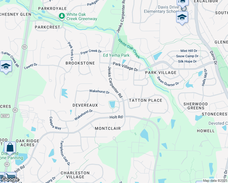map of restaurants, bars, coffee shops, grocery stores, and more near 403 Wakehurst Drive in Cary
