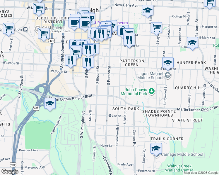 map of restaurants, bars, coffee shops, grocery stores, and more near 324 Worth Street in Raleigh