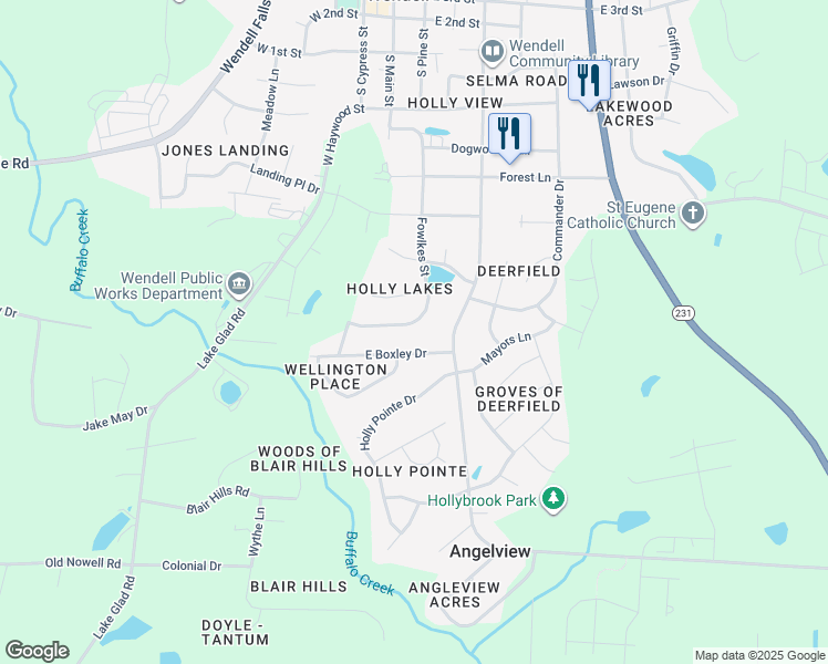 map of restaurants, bars, coffee shops, grocery stores, and more near 425 Fowlkes Street in Wendell