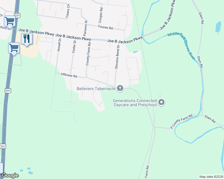 map of restaurants, bars, coffee shops, grocery stores, and more near 668 County Farm Road in Murfreesboro