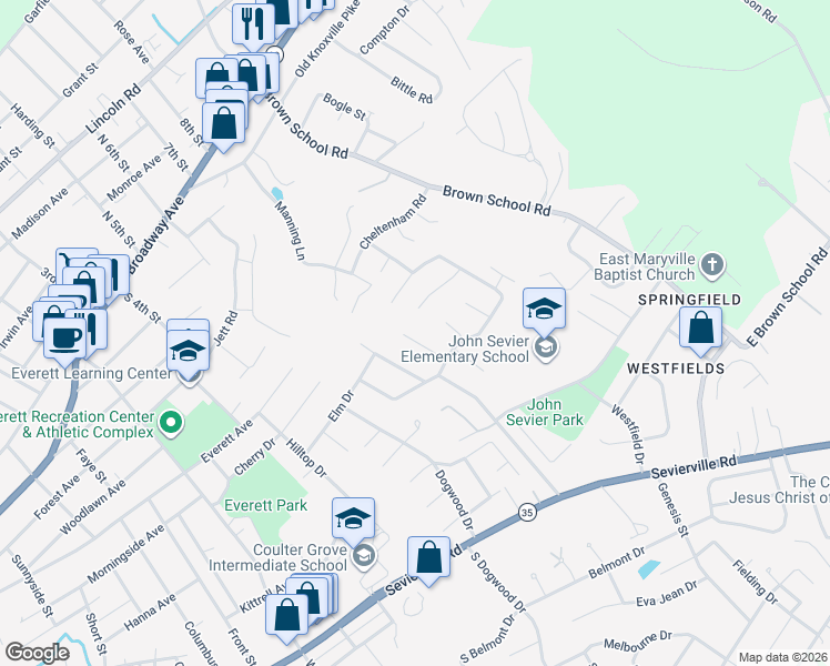 map of restaurants, bars, coffee shops, grocery stores, and more near 712 Gladstone Circle in Maryville