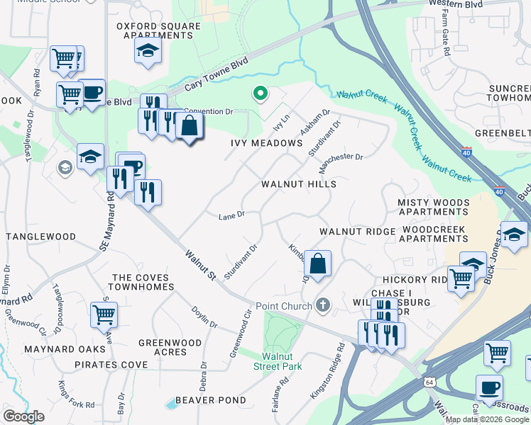 map of restaurants, bars, coffee shops, grocery stores, and more near 1149 Sturdivant Drive in Cary