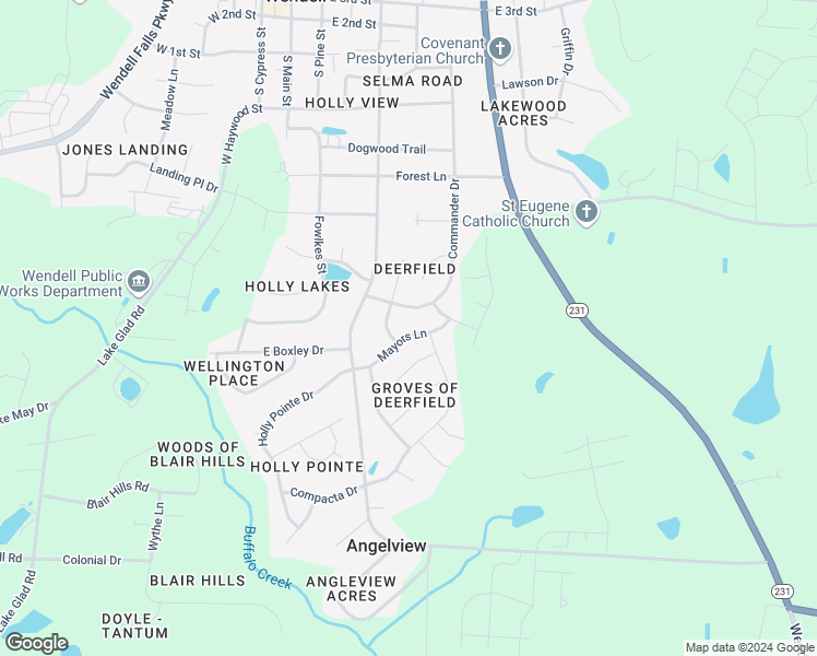 map of restaurants, bars, coffee shops, grocery stores, and more near 257 Mayors Lane in Wendell
