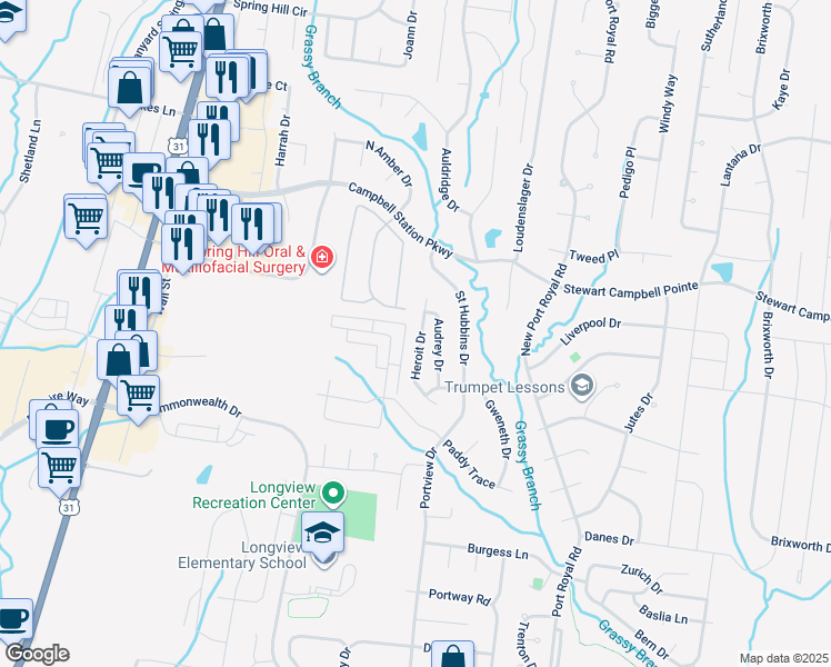 map of restaurants, bars, coffee shops, grocery stores, and more near 2056 Hemlock Drive in Spring Hill